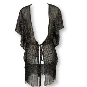 NWOT Victoria's Secret Black and Gold Knit Coverup with tie and fringed hem - XS